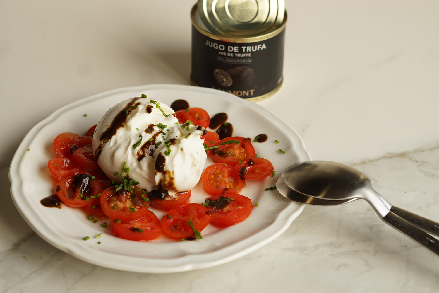 Burrata salad with black truffle juice reduction and porcino mushroom